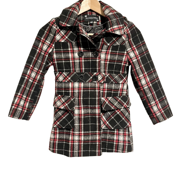 Rothschild Girls Hooded Tartan Plaid Pea Coat Double Breasted Jacket Size 6/6X - Picture 1 of 10